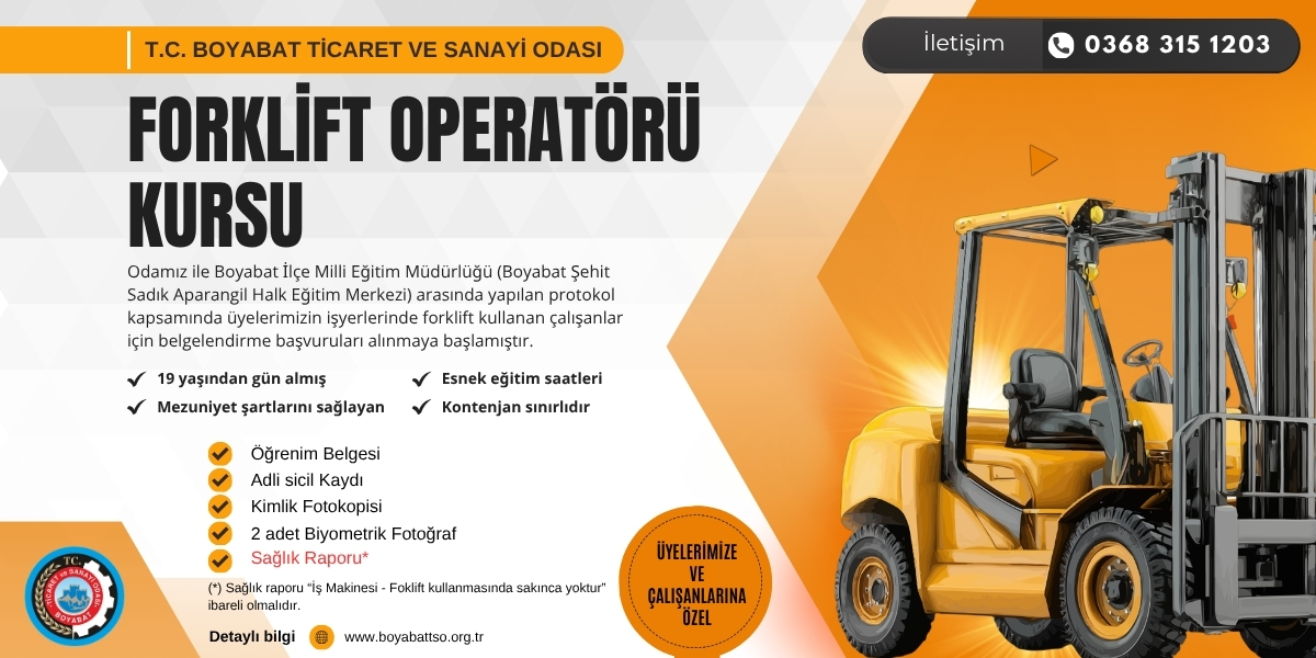 Odamızda, Forklift Operatörü Kurs başvurları başlamıştır.