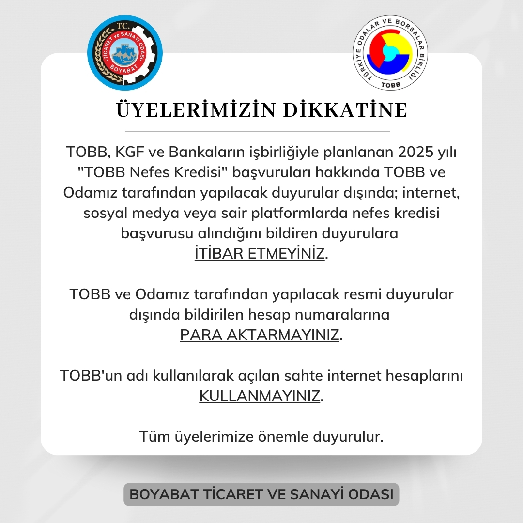     >>> TOBB NEFES KREDİSİ HAKKINDA ÖNEMLİ DUYURU<<<