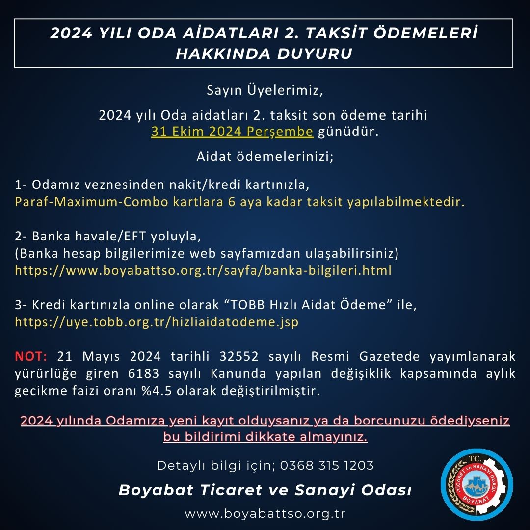 2024 Yılı Aidatları 2. Taksitleri Hakkında Duyuru