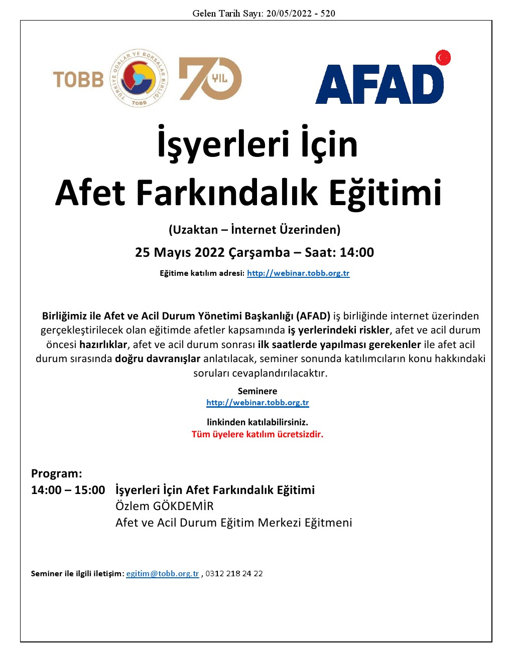 İşyerleri İçin Afet Farkındalık Eğitimi - 25.05.2022