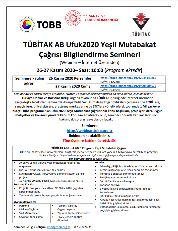 TÜBİTAK AB Ufuk2020 Yeşil Mutabakat Çağrısı Bilgilendirme Semineri