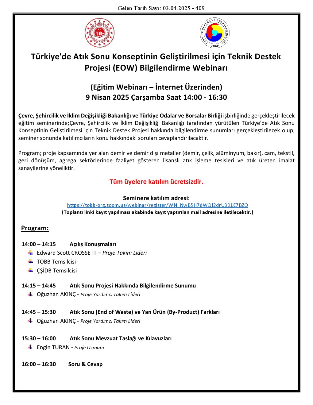 Türkiyede Atık Sonu Konseptinin Geliştirilmesi için Teknik Destek Projesi Bilgilendirme Webinarı